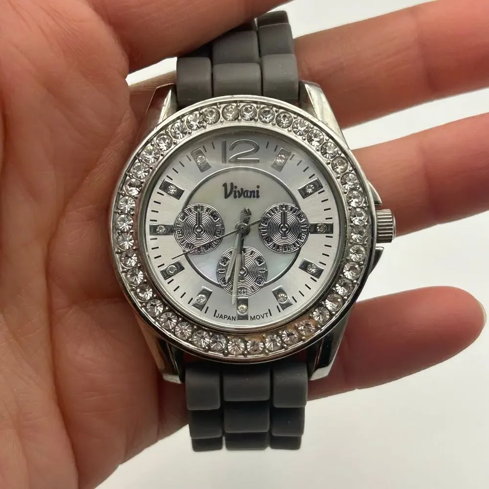 Vivani Mother Pearls Crystal Bezel Gray Band Women’s Watch New Battery